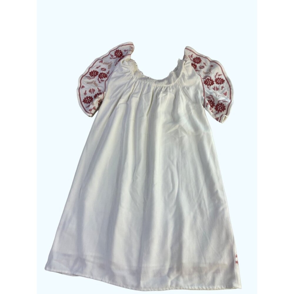 Off-Shoulder White Boho Dress With Embroidered Red Floral Accents & Ruffle Sleev - Picture 5 of 6